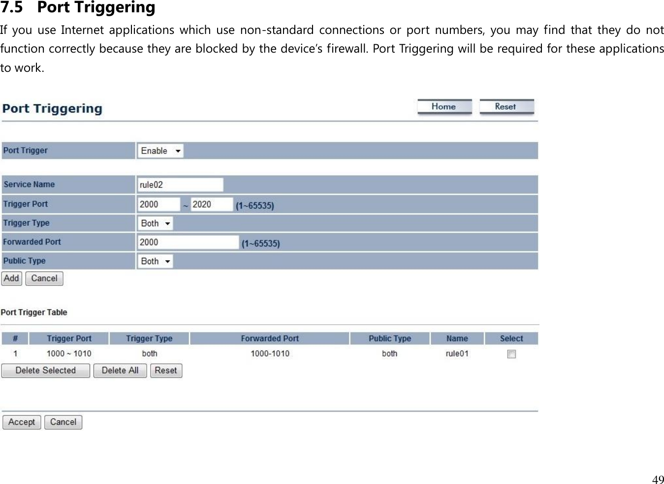 49  7.5 Port Triggering If  you  use  Internet applications  which  use  non-standard  connections  or  port  numbers,  you  may  find  that  they  do  not function correctly because they are blocked by the device’s firewall. Port Triggering will be required for these applications to work.     