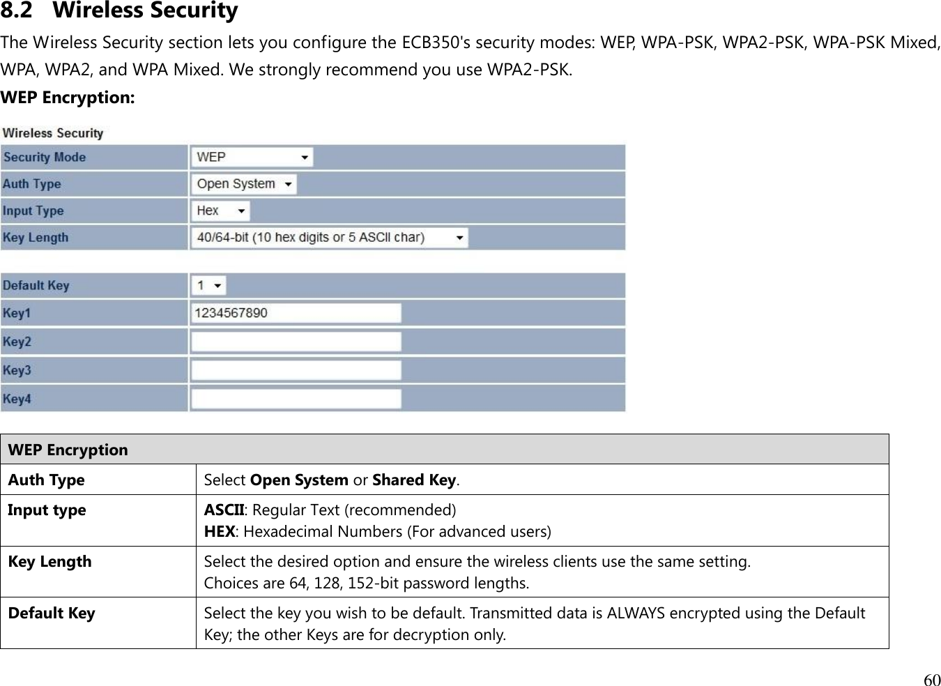 60  8.2 Wireless Security The Wireless Security section lets you configure the ECB350&apos;s security modes: WEP, WPA-PSK, WPA2-PSK, WPA-PSK Mixed, WPA, WPA2, and WPA Mixed. We strongly recommend you use WPA2-PSK.  WEP Encryption:   WEP Encryption Auth Type Select Open System or Shared Key. Input type ASCII: Regular Text (recommended) HEX: Hexadecimal Numbers (For advanced users) Key Length Select the desired option and ensure the wireless clients use the same setting. Choices are 64, 128, 152-bit password lengths. Default Key Select the key you wish to be default. Transmitted data is ALWAYS encrypted using the Default Key; the other Keys are for decryption only.  