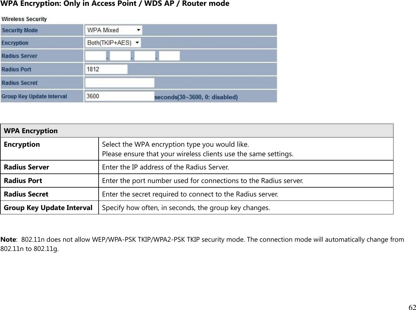 62  WPA Encryption: Only in Access Point / WDS AP / Router mode    WPA Encryption Encryption Select the WPA encryption type you would like. Please ensure that your wireless clients use the same settings. Radius Server Enter the IP address of the Radius Server. Radius Port Enter the port number used for connections to the Radius server. Radius Secret Enter the secret required to connect to the Radius server. Group Key Update Interval Specify how often, in seconds, the group key changes.   Note:  802.11n does not allow WEP/WPA-PSK TKIP/WPA2-PSK TKIP security mode. The connection mode will automatically change from 802.11n to 802.11g.     