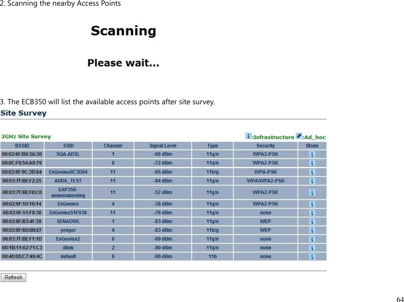 64  2. Scanning the nearby Access Points   3. The ECB350 will list the available access points after site survey.  