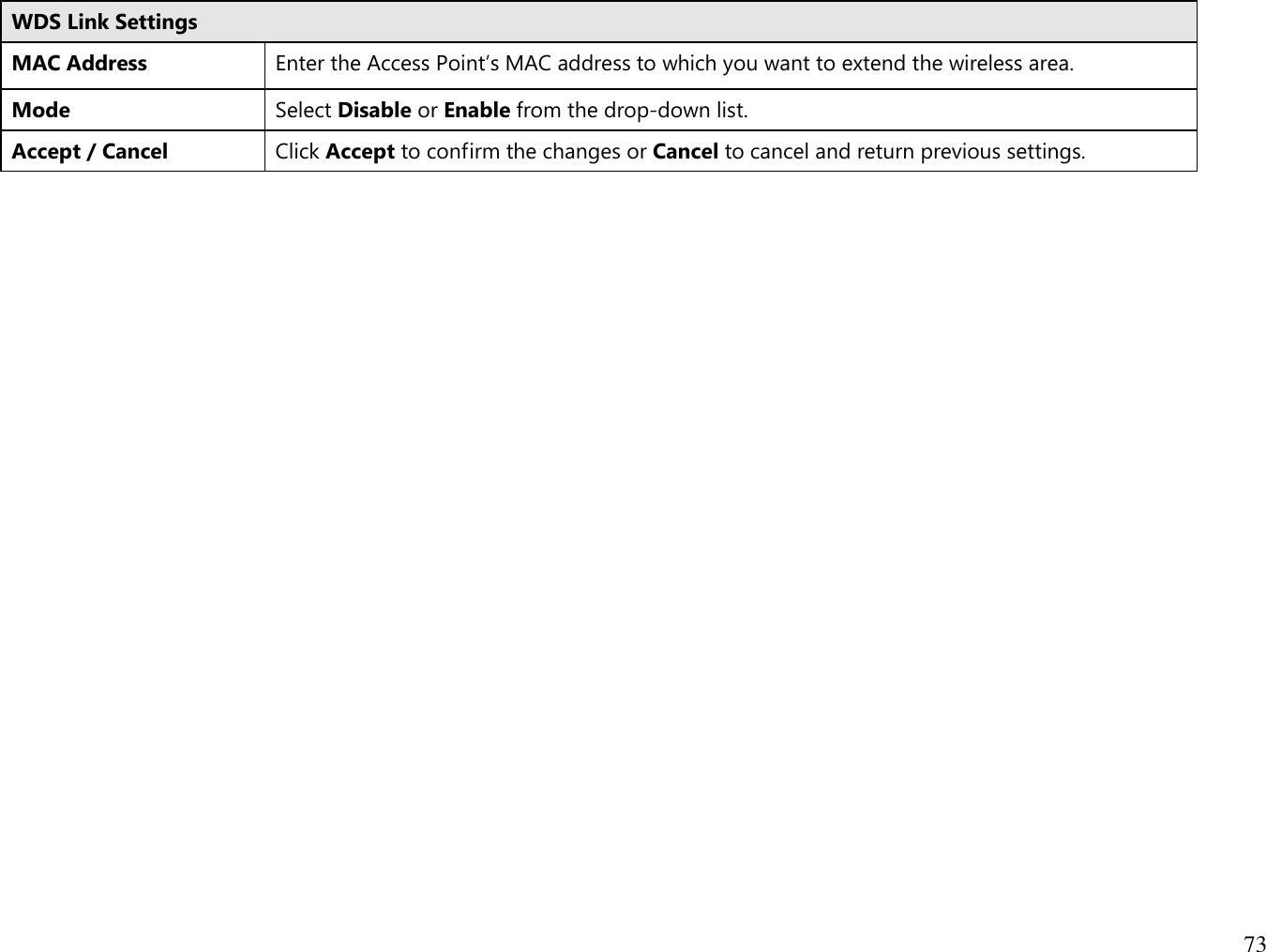 73  WDS Link Settings MAC Address Enter the Access Point’s MAC address to which you want to extend the wireless area. Mode Select Disable or Enable from the drop-down list. Accept / Cancel Click Accept to confirm the changes or Cancel to cancel and return previous settings.    