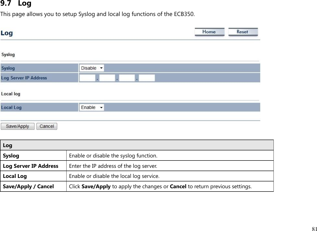 81  9.7 Log This page allows you to setup Syslog and local log functions of the ECB350.    Log Syslog  Enable or disable the syslog function. Log Server IP Address Enter the IP address of the log server. Local Log Enable or disable the local log service. Save/Apply / Cancel Click Save/Apply to apply the changes or Cancel to return previous settings.   