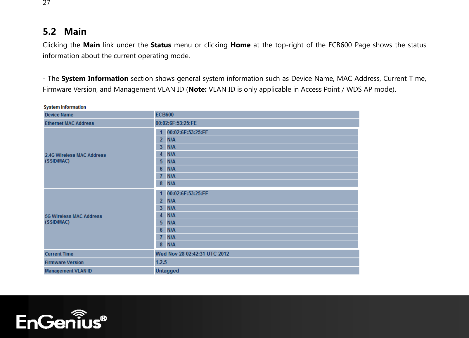 27  5.2 Main Clicking the Main link under the Status menu or clicking Home at the top-right of the ECB600 Page shows the status information about the current operating mode.     - The System Information section shows general system information such as Device Name, MAC Address, Current Time, Firmware Version, and Management VLAN ID (Note: VLAN ID is only applicable in Access Point / WDS AP mode).     