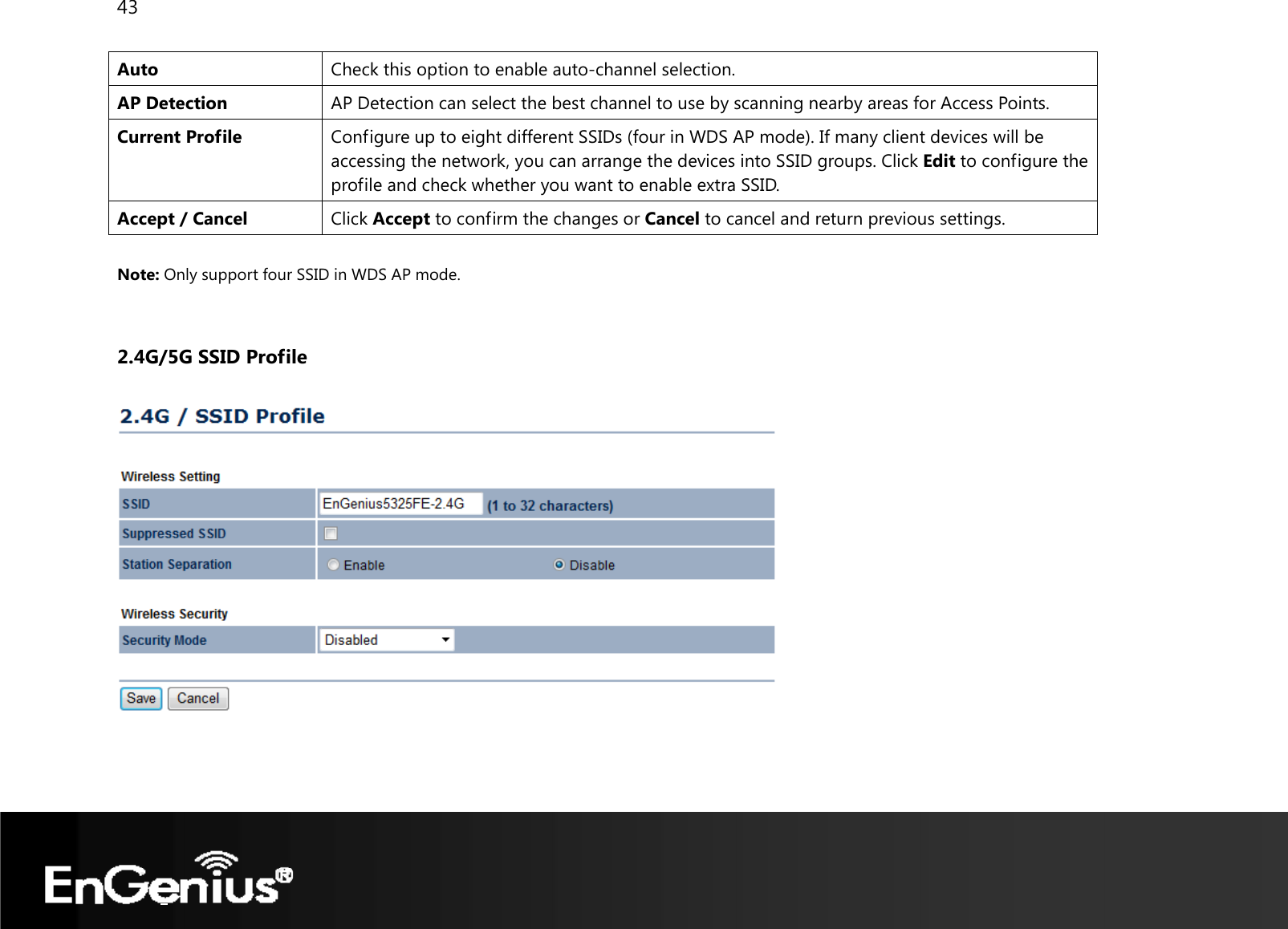 43  Auto  Check this option to enable auto-channel selection. AP Detection  AP Detection can select the best channel to use by scanning nearby areas for Access Points. Current Profile  Configure up to eight different SSIDs (four in WDS AP mode). If many client devices will be accessing the network, you can arrange the devices into SSID groups. Click Edit to configure the profile and check whether you want to enable extra SSID. Accept / Cancel  Click Accept to confirm the changes or Cancel to cancel and return previous settings.  Note: Only support four SSID in WDS AP mode.   2.4G/5G SSID Profile    