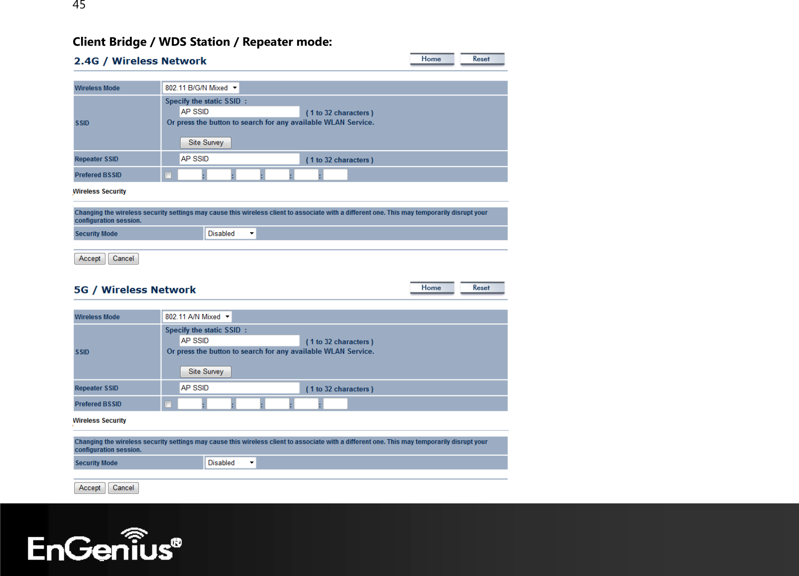 45  Client Bridge / WDS Station / Repeater mode:     