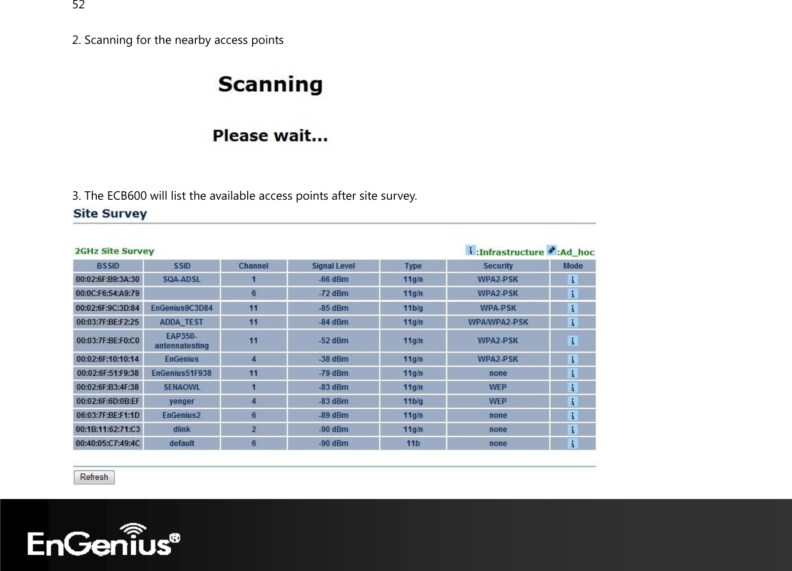 52  2. Scanning for the nearby access points   3. The ECB600 will list the available access points after site survey.  