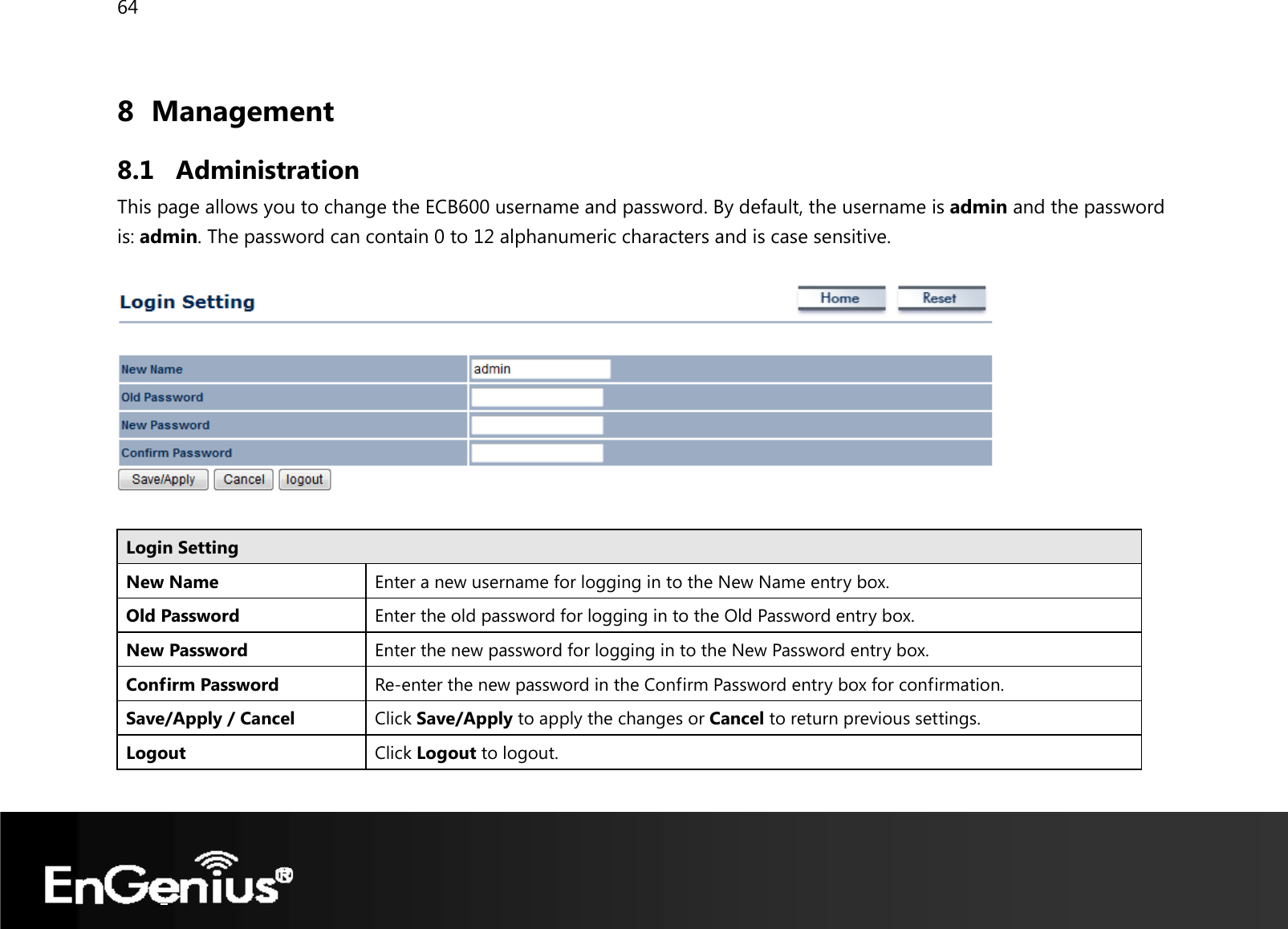 64  8 Management  8.1 Administration This page allows you to change the ECB600 username and password. By default, the username is admin and the password is: admin. The password can contain 0 to 12 alphanumeric characters and is case sensitive.    Login Setting New Name  Enter a new username for logging in to the New Name entry box. Old Password  Enter the old password for logging in to the Old Password entry box. New Password  Enter the new password for logging in to the New Password entry box.Confirm Password  Re-enter the new password in the Confirm Password entry box for confirmation. Save/Apply / Cancel  Click Save/Apply to apply the changes or Cancel to return previous settings. Logout Click Logout to logout. 