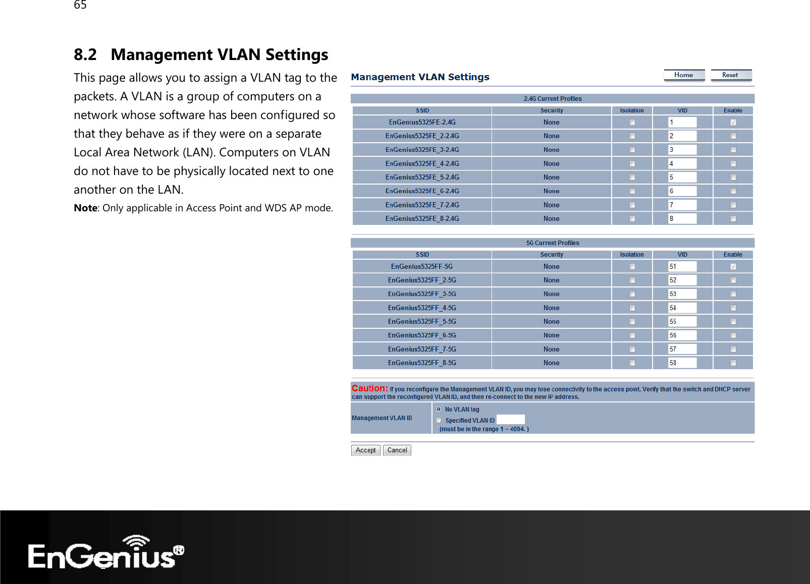 65  8.2 Management VLAN Settings This page allows you to assign a VLAN tag to the packets. A VLAN is a group of computers on a network whose software has been configured so that they behave as if they were on a separate Local Area Network (LAN). Computers on VLAN do not have to be physically located next to one another on the LAN. Note: Only applicable in Access Point and WDS AP mode.               