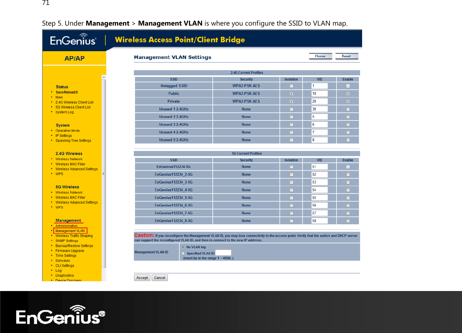 71  Step 5. Under Management &gt; Management VLAN is where you configure the SSID to VLAN map.  