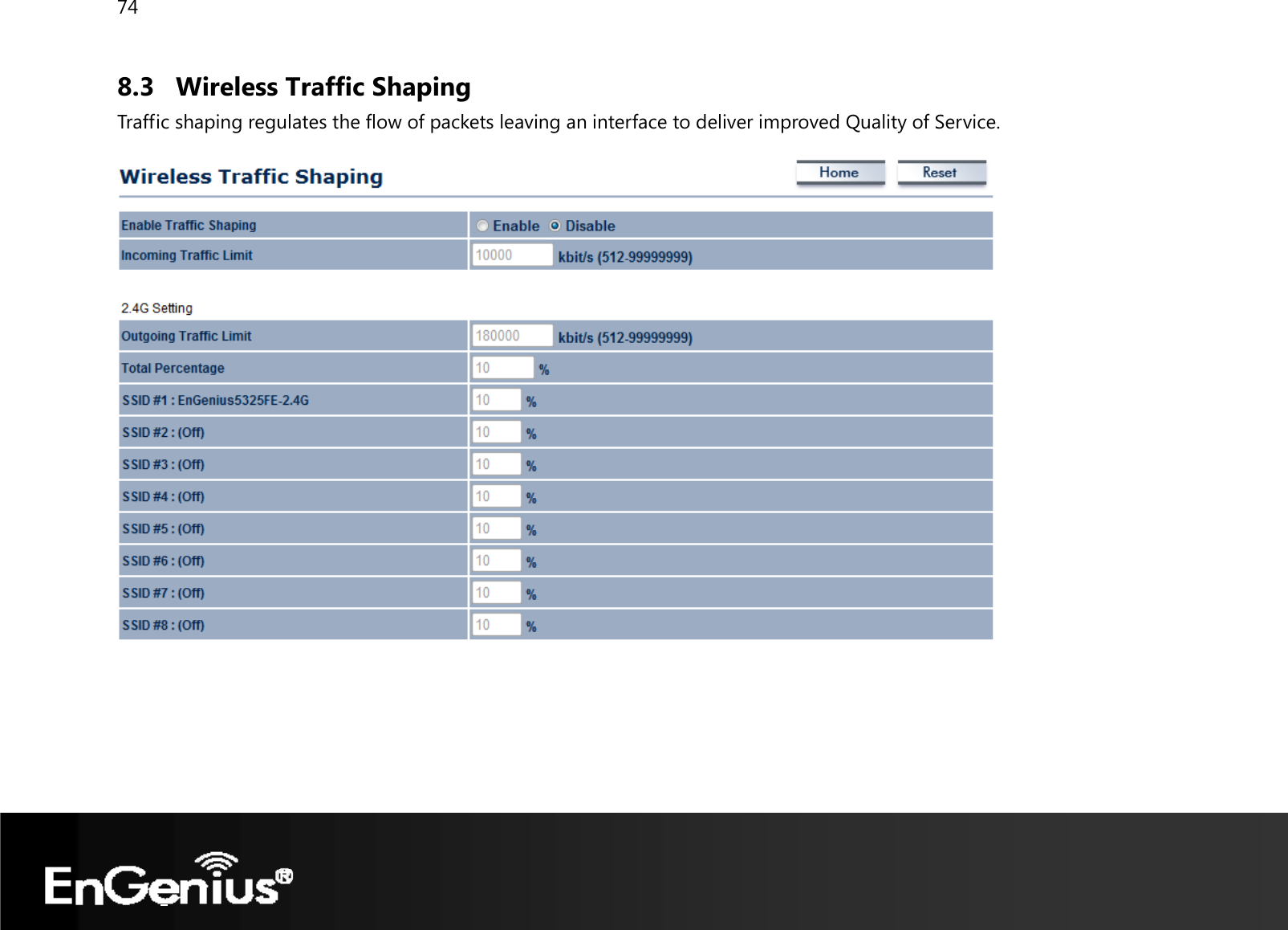 74  8.3 Wireless Traffic Shaping Traffic shaping regulates the flow of packets leaving an interface to deliver improved Quality of Service.         