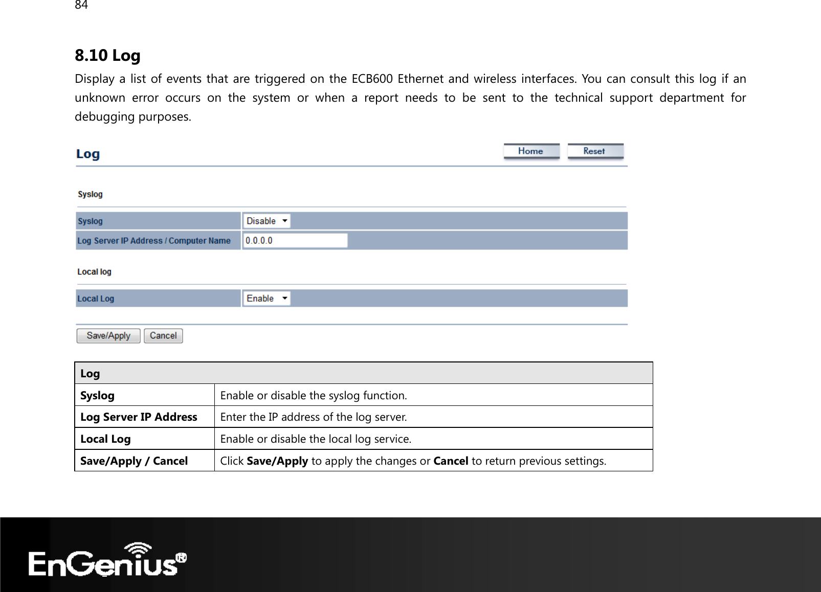 84  8.10 Log Display a list of events that are triggered on the ECB600 Ethernet and wireless interfaces. You can consult this log if an unknown error occurs on the system or when a report needs to be sent to the technical support department for debugging purposes.    LogSyslog   Enable or disable the syslog function. Log Server IP Address  Enter the IP address of the log server.Local Log  Enable or disable the local log service. Save/Apply / Cancel  Click Save/Apply to apply the changes or Cancel to return previous settings.   