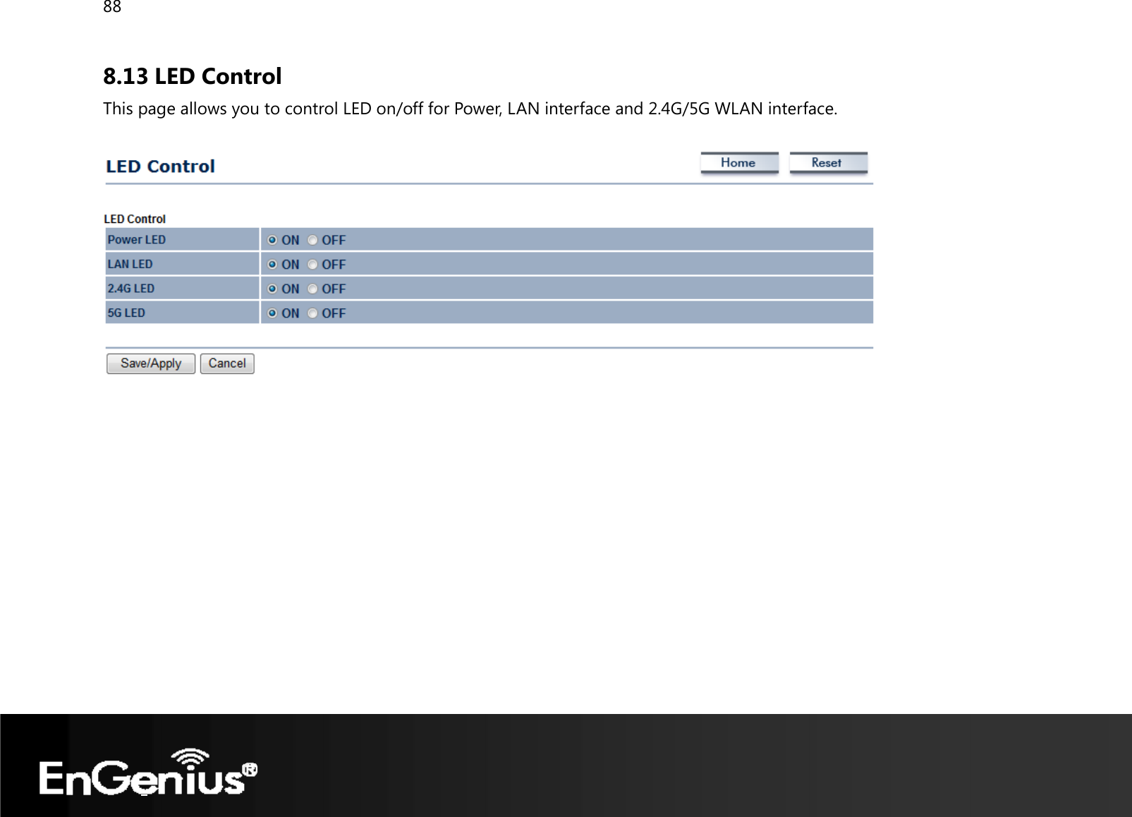 88  8.13 LED Control This page allows you to control LED on/off for Power, LAN interface and 2.4G/5G WLAN interface.    