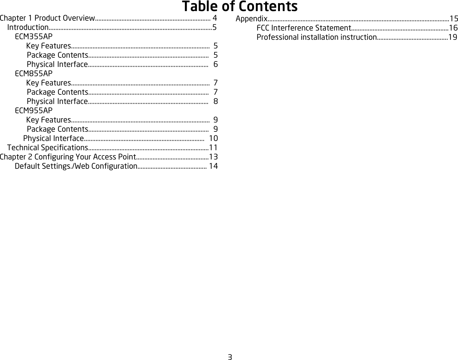 Page 3 of EnGenius Technologies ECM355AP AC1300 Indoor ceiling mount Managed Access Point User Manual User Manaul