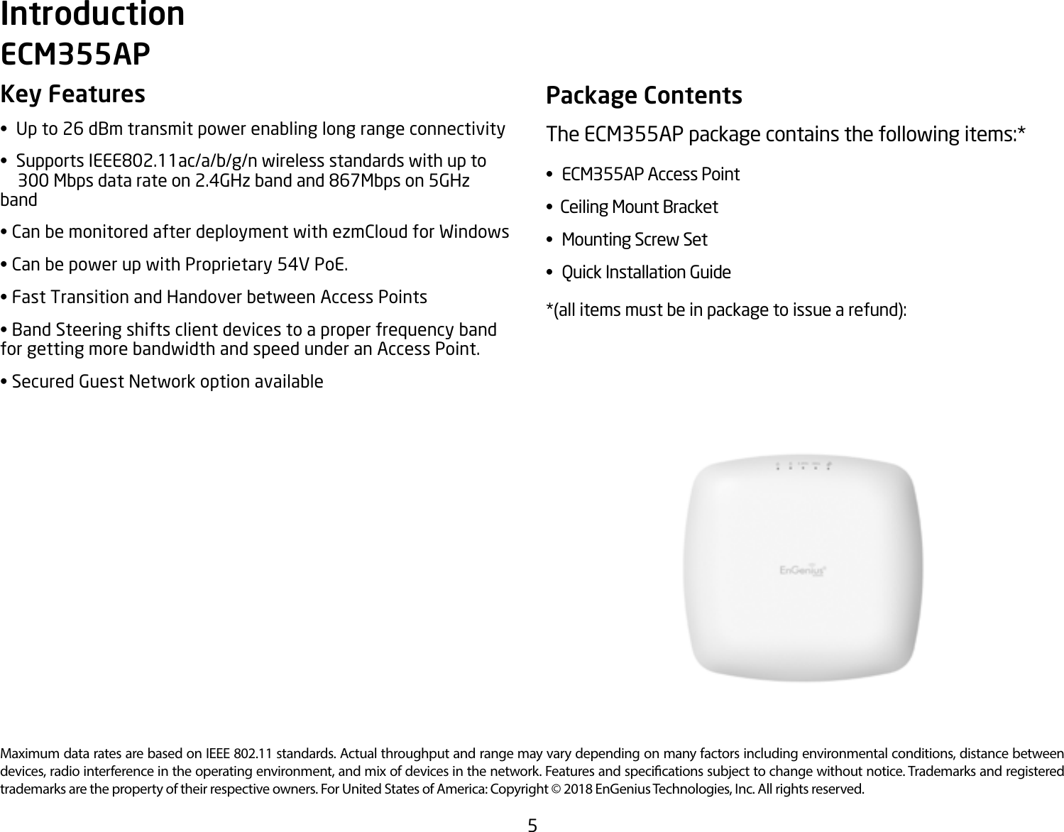 Page 5 of EnGenius Technologies ECM355AP AC1300 Indoor ceiling mount Managed Access Point User Manual User Manaul