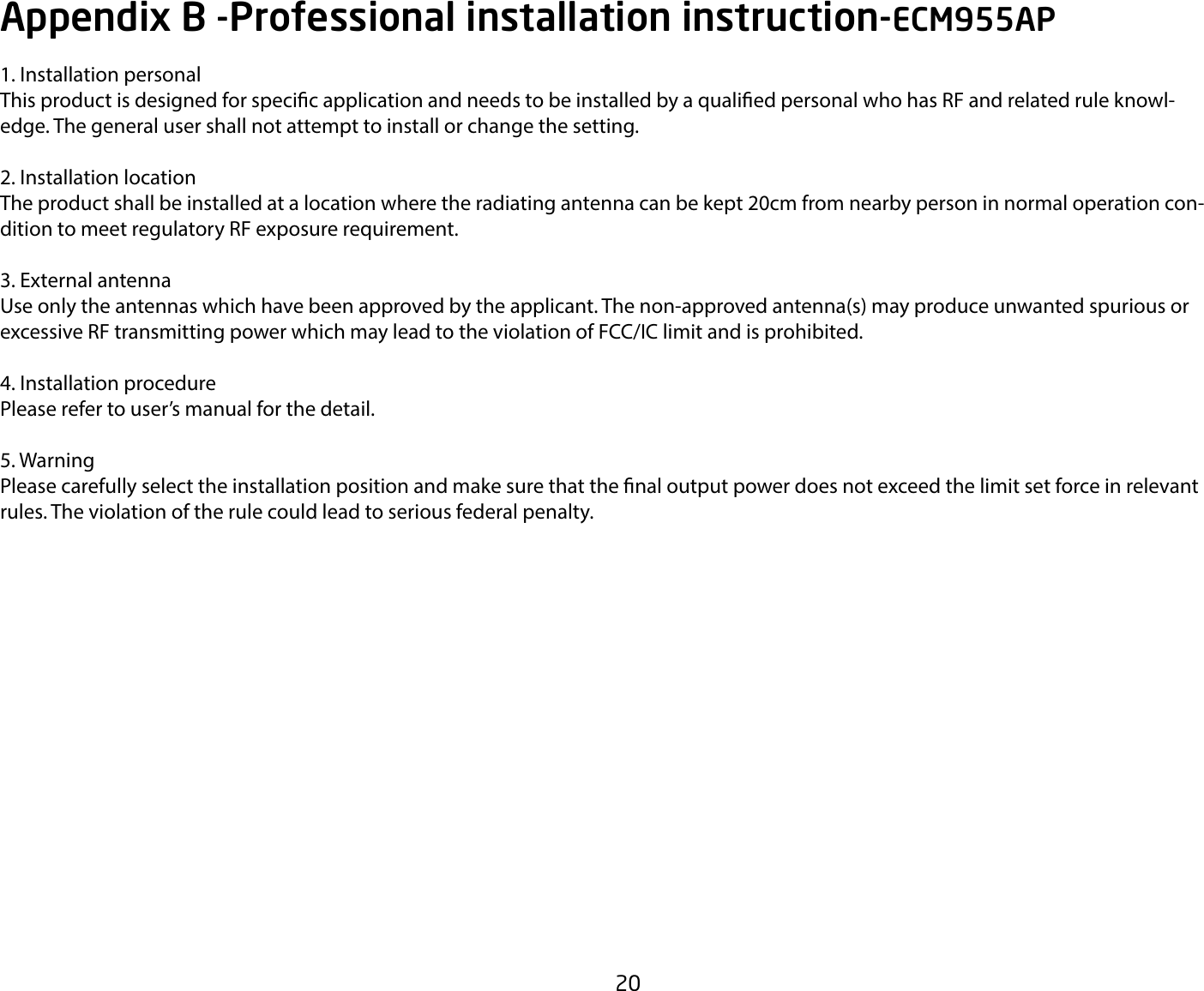 Page 20 of EnGenius Technologies ECM955AP AC1300 Wave2 Dual Band Outdoor Cloud management Base Station User Manual User Manaul