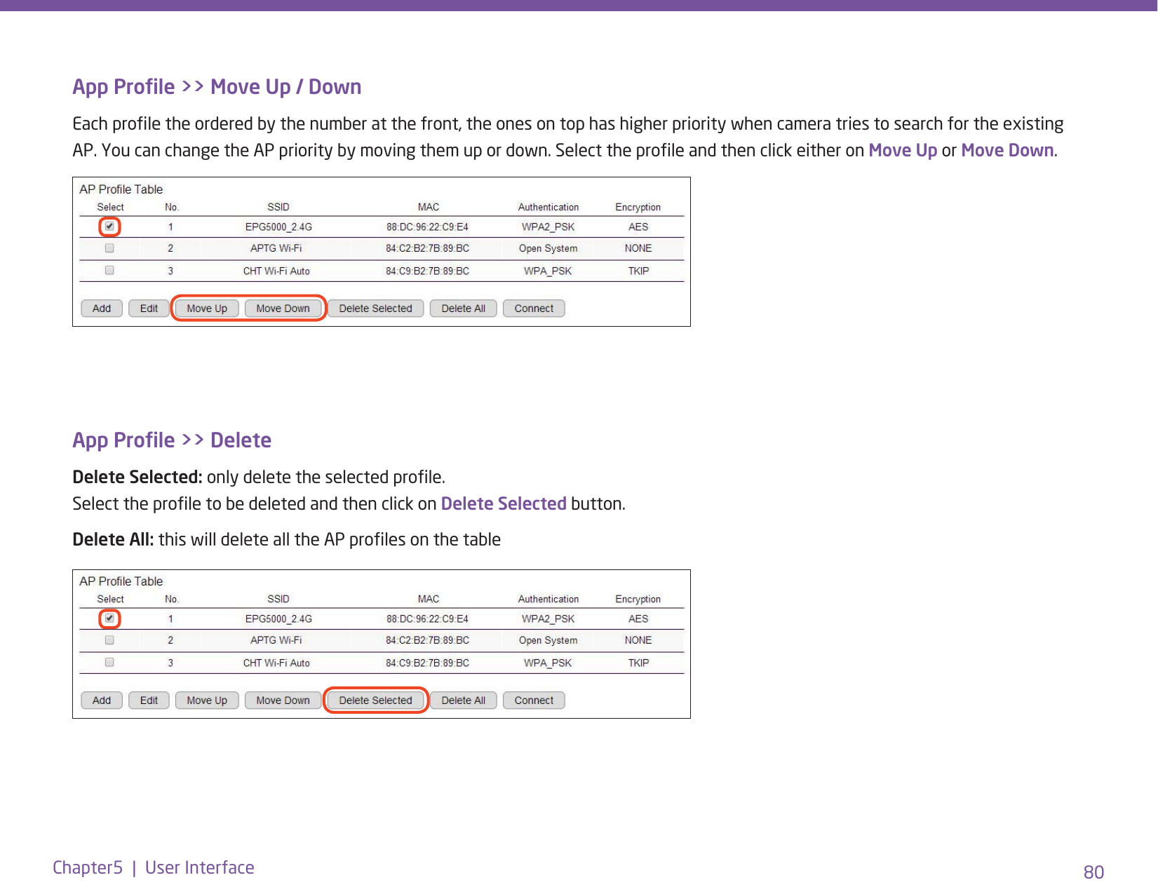 80Chapter5  |  User InterfaceApp Prole &gt;&gt; Move Up / DownEach prole the ordered by the number at the front, the ones on top has higher priority when camera tries to search for the existing AP. You can change the AP priority by moving them up or down. Select the prole and then click either on Move Up or Move Down.App Prole &gt;&gt; DeleteDelete Selected: only delete the selected prole. Select the prole to be deleted and then click on Delete Selected button.Delete All: this will delete all the AP proles on the table