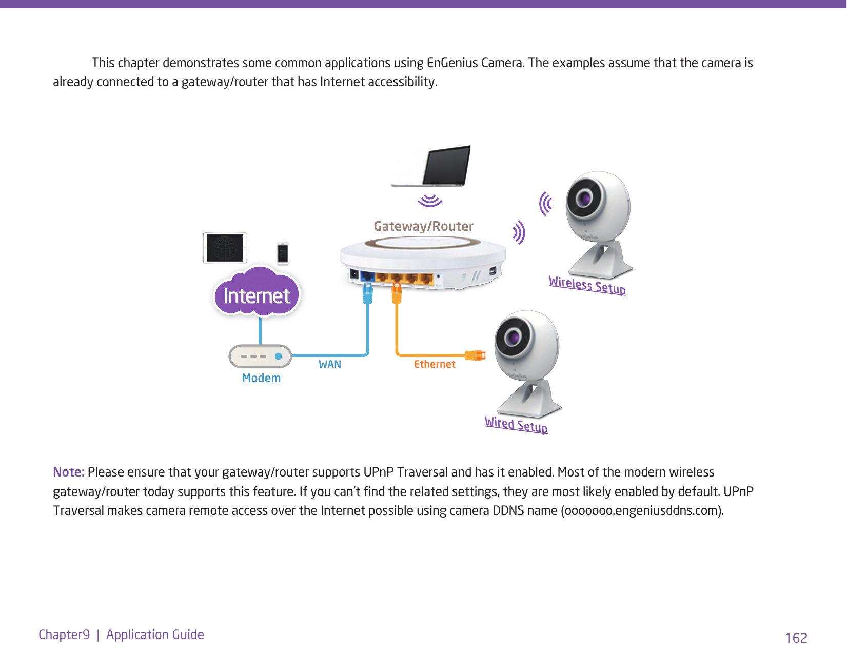 162Chapter9  |  Application Guide  This chapter demonstrates some common applications using EnGenius Camera. The examples assume that the camera is already connected to a gateway/router that has Internet accessibility. Note: Please ensure that your gateway/router supports UPnP Traversal and has it enabled. Most of the modern wireless gateway/router today supports this feature. If you can’t nd the related settings, they are most likely enabled by default. UPnP Traversal makes camera remote access over the Internet possible using camera DDNS name (ooooooo.engeniusddns.com).WAN EthernetModemGateway/RouterWireless SetupWired Setup