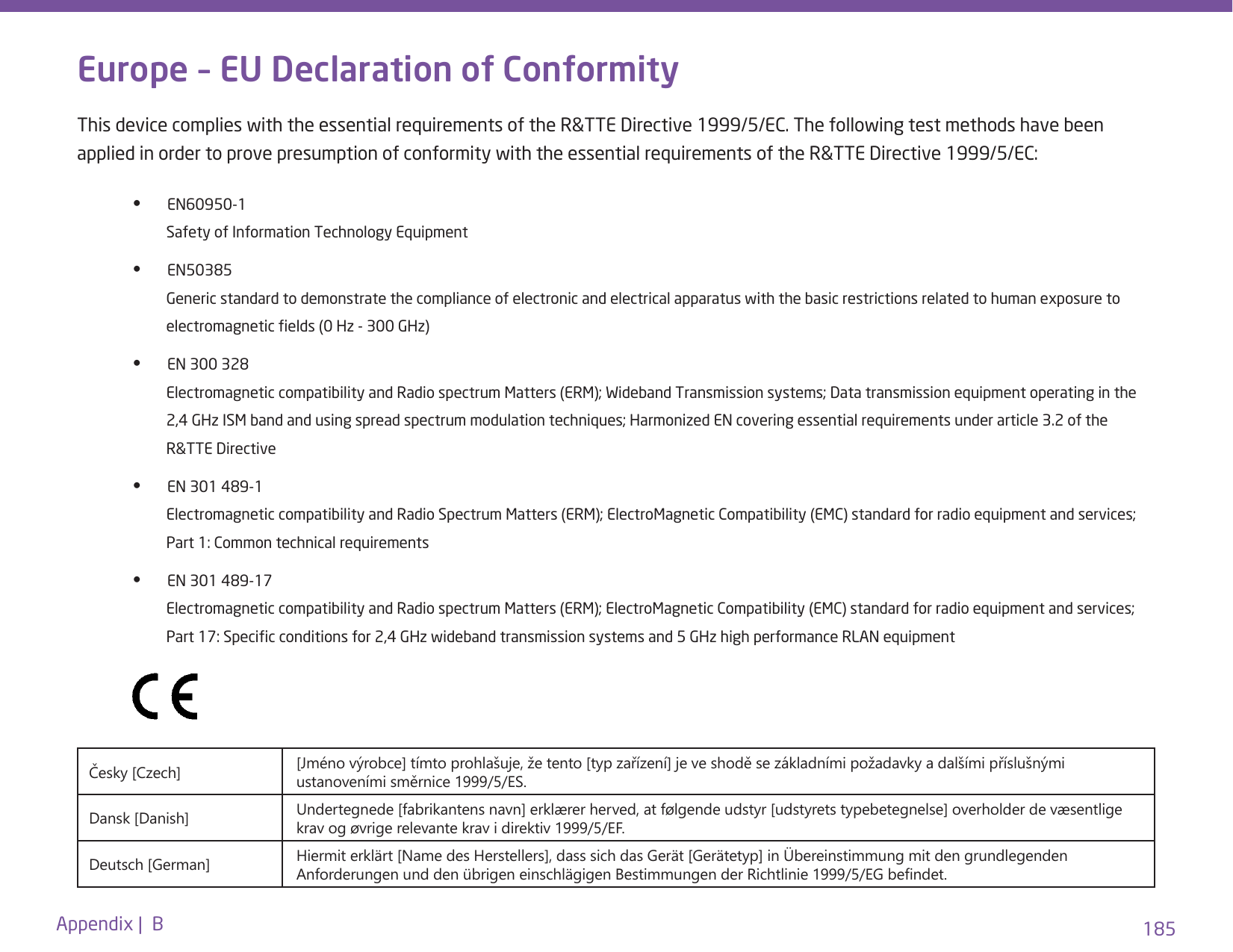 185Appendix |  BEurope – EU Declaration of ConformityThis device complies with the essential requirements of the R&amp;TTE Directive 1999/5/EC. The following test methods have been applied in order to prove presumption of conformity with the essential requirements of the R&amp;TTE Directive 1999/5/EC: Česky [Czech] [Jméno výrobce] tímto prohlašuje, že tento [typ zařízení] je ve shodě se základními požadavky a dalšími příslušnými ustanoveními směrnice 1999/5/ES. Dansk [Danish] Undertegnede [fabrikantens navn] erklærer herved, at følgende udstyr [udstyrets typebetegnelse] overholder de væsentlige krav og øvrige relevante krav i direktiv 1999/5/EF. Deutsch [German] Hiermit erklärt [Name des Herstellers], dass sich das Gerät [Gerätetyp] in Übereinstimmung mit den grundlegenden Anforderungen und den übrigen einschlägigen Bestimmungen der Richtlinie 1999/5/EG bendet.  •      EN60950-1            Safety of Information Technology Equipment  •      EN50385             Generic standard to demonstrate the compliance of electronic and electrical apparatus with the basic restrictions related to human exposure to                                 electromagnetic elds (0 Hz - 300 GHz)  •      EN 300 328             Electromagnetic compatibility and Radio spectrum Matters (ERM); Wideband Transmission systems; Data transmission equipment operating in the                       2,4 GHz ISM band and using spread spectrum modulation techniques; Harmonized EN covering essential requirements under article 3.2 of the             R&amp;TTE Directive  •      EN 301 489-1             Electromagnetic compatibility and Radio Spectrum Matters (ERM); ElectroMagnetic Compatibility (EMC) standard for radio equipment and services;                                Part 1: Common technical requirements  •      EN 301 489-17             Electromagnetic compatibility and Radio spectrum Matters (ERM); ElectroMagnetic Compatibility (EMC) standard for radio equipment and services;                                Part 17: Specic conditions for 2,4 GHz wideband transmission systems and 5 GHz high performance RLAN equipment