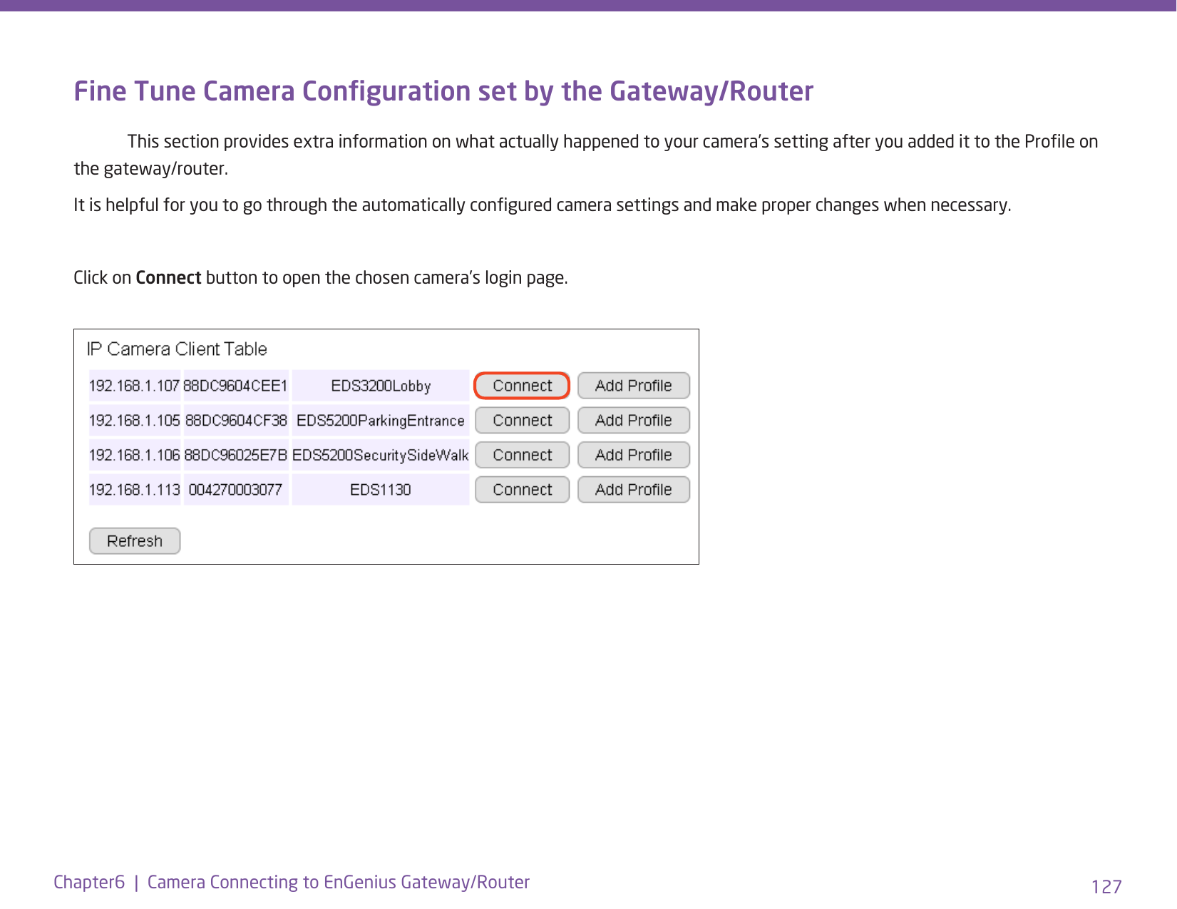 127Chapter6  |  Camera Connecting to EnGenius Gateway/RouterFine Tune Camera Conguration set by the Gateway/Router  This section provides extra information on what actually happened to your camera’s setting after you added it to the Prole on the gateway/router. It is helpful for you to go through the automatically congured camera settings and make proper changes when necessary.Click on Connect button to open the chosen camera’s login page. 