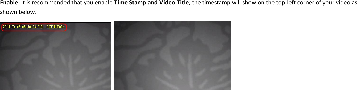  Enable: it is recommended that you enable Time Stamp and Video Title; the timestamp will show on the top-left corner of your video as shown below.      