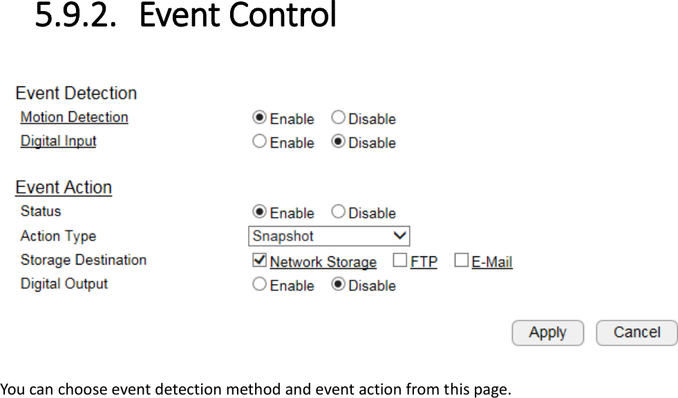 5.9.2. Event Control  You can choose event detection method and event action from this page.   