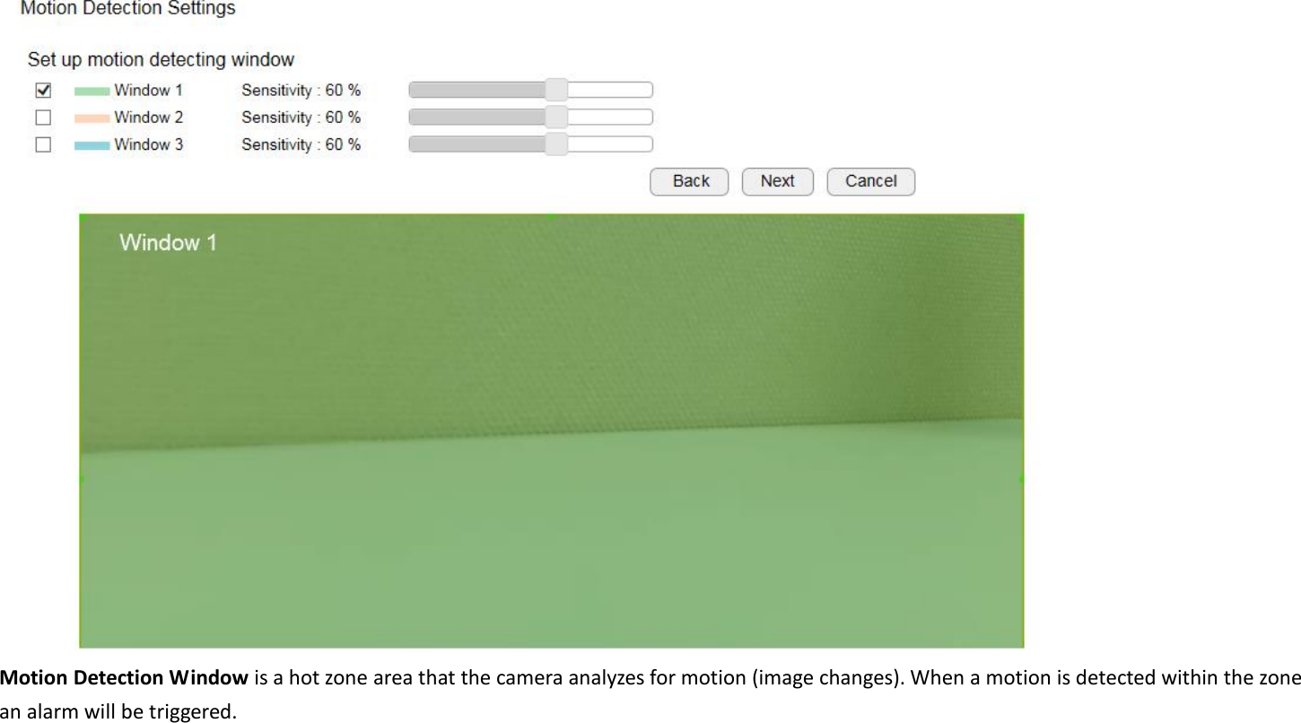  Motion Detection Window is a hot zone area that the camera analyzes for motion (image changes). When a motion is detected within the zone an alarm will be triggered.    