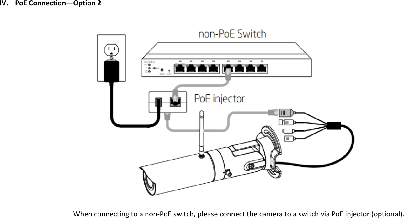   IV. PoE Connection—Option 2   When connecting to a non-PoE switch, please connect the camera to a switch via PoE injector (optional). 
