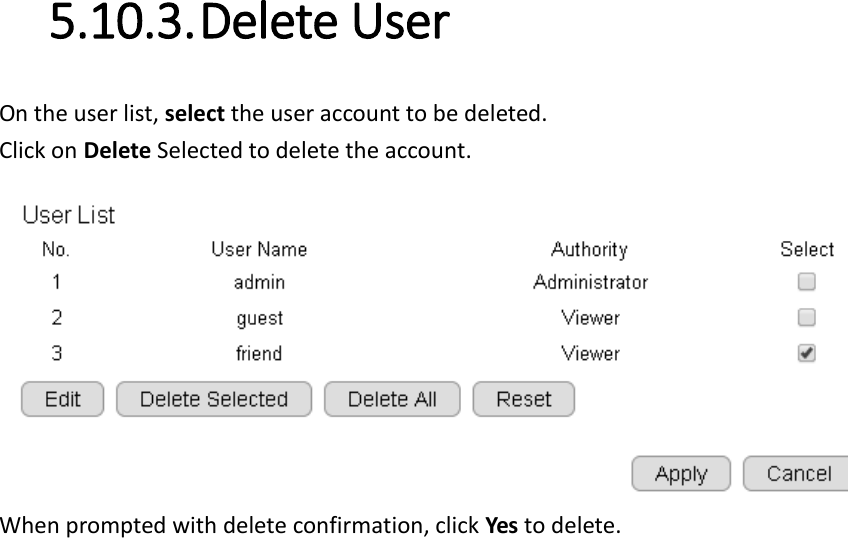  5.10.3. Delete User On the user list, select the user account to be deleted. Click on Delete Selected to delete the account.  When prompted with delete confirmation, click Yes to delete. 