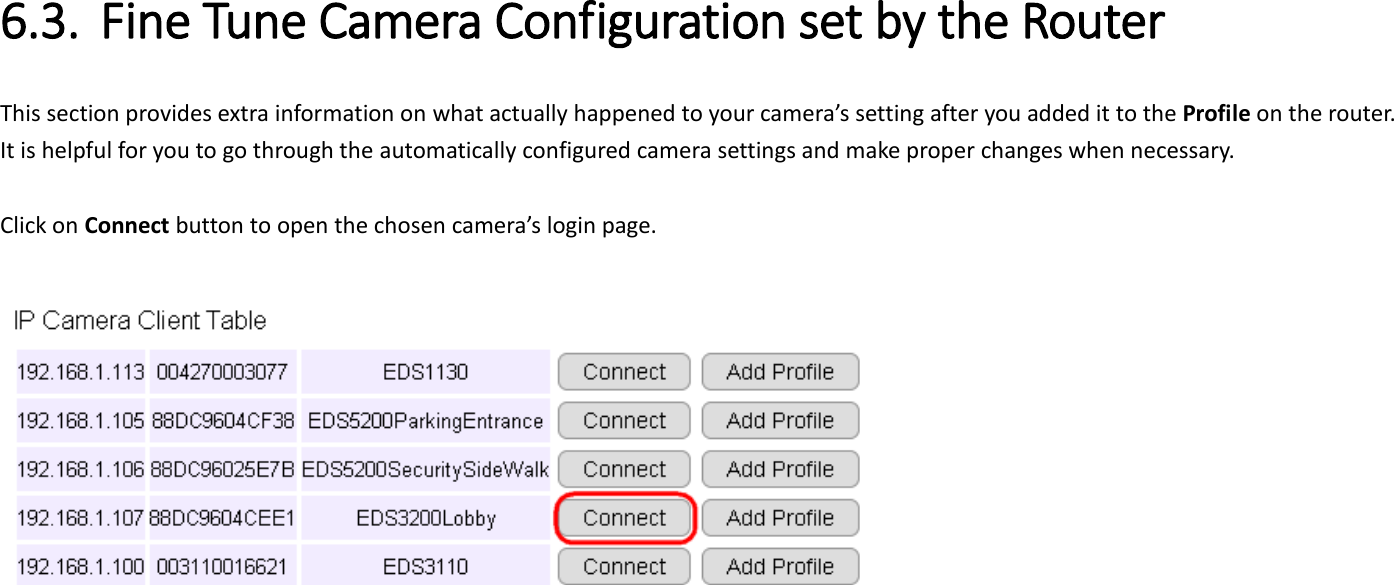  6.3. Fine Tune Camera Configuration set by the Router This section provides extra information on what actually happened to your camera’s setting after you added it to the Profile on the router.   It is helpful for you to go through the automatically configured camera settings and make proper changes when necessary.  Click on Connect button to open the chosen camera’s login page.      
