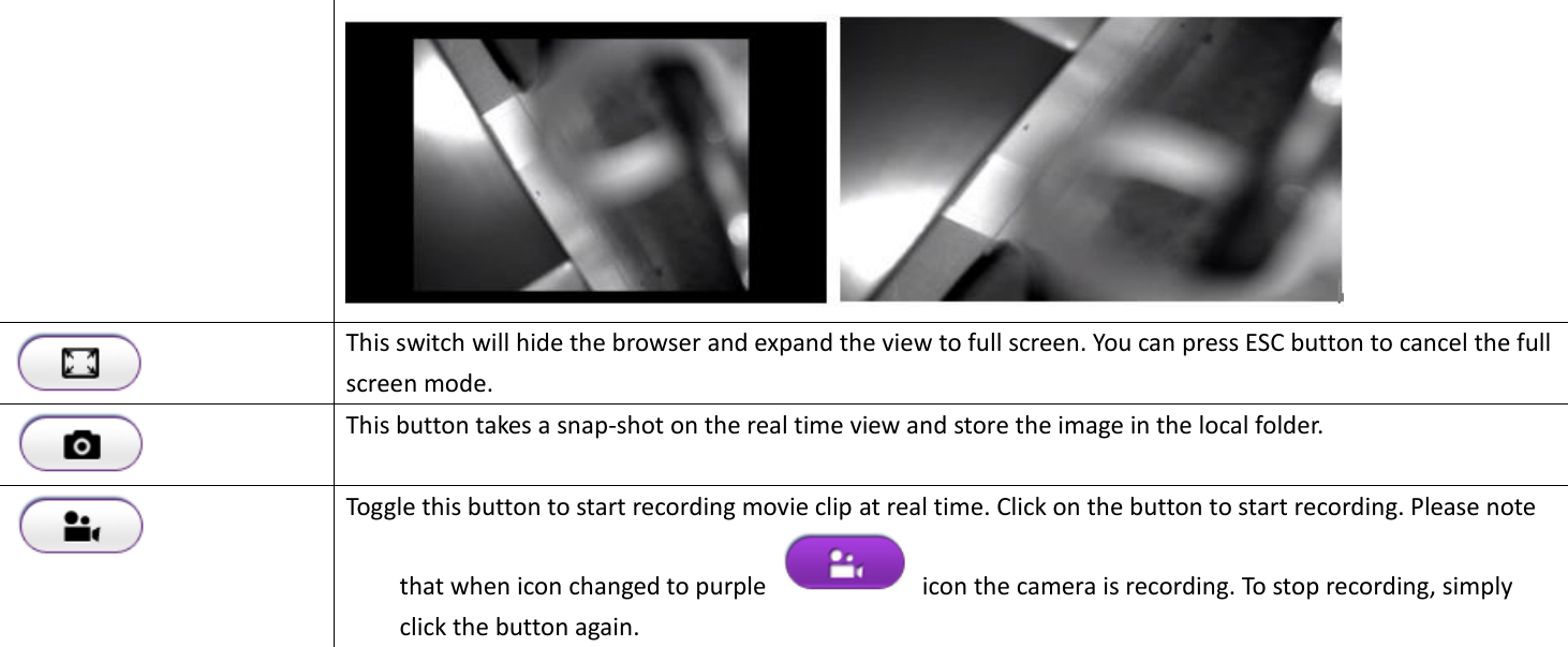   This switch will hide the browser and expand the view to full screen. You can press ESC button to cancel the full screen mode.  This button takes a snap-shot on the real time view and store the image in the local folder.  Toggle this button to start recording movie clip at real time. Click on the button to start recording. Please note that when icon changed to purple    icon the camera is recording. To stop recording, simply click the button again.    