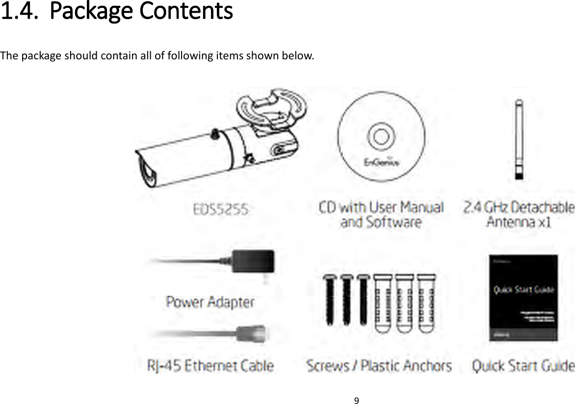 9   1.4. Package Contents   The package should contain all of following items shown below.     