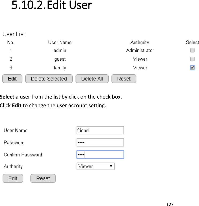 127  5.10.2. Edit User  Select a user from the list by click on the check box. Click Edit to change the user account setting.   