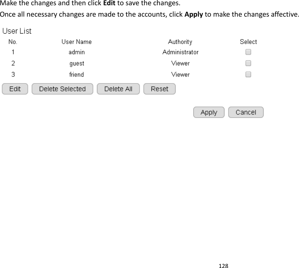 128   Make the changes and then click Edit to save the changes. Once all necessary changes are made to the accounts, click Apply to make the changes affective.   