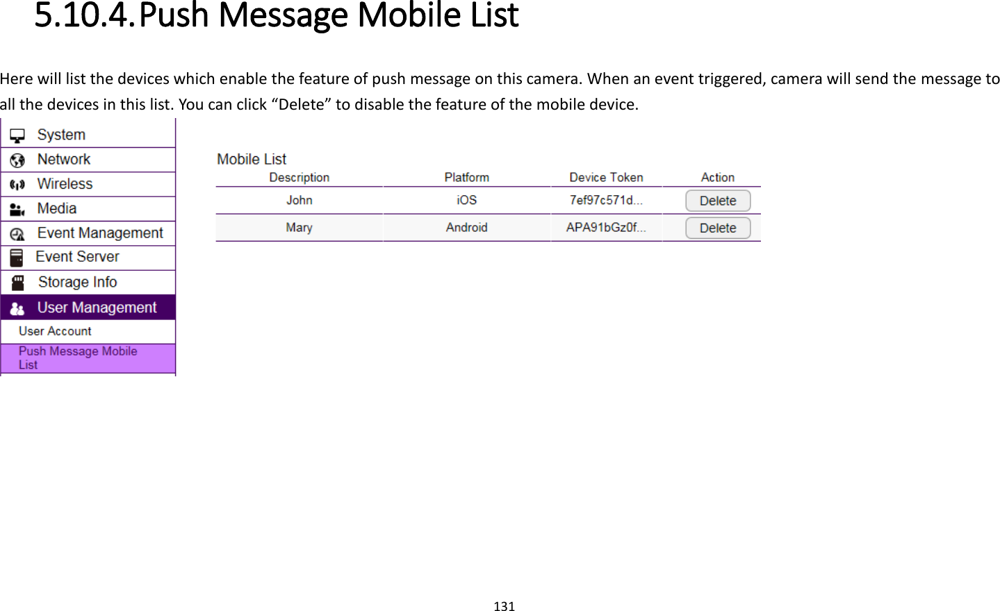 131  5.10.4. Push Message Mobile List Here will list the devices which enable the feature of push message on this camera. When an event triggered, camera will send the message to all the devices in this list. You can click “Delete” to disable the feature of the mobile device.    