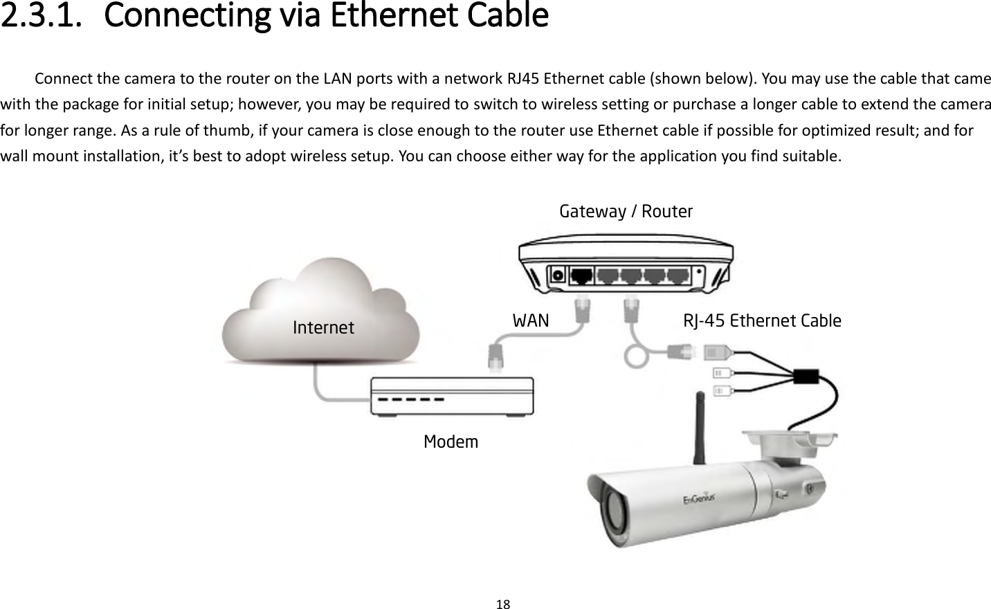 18  2.3.1. Connecting via Ethernet Cable   Connect the camera to the router on the LAN ports with a network RJ45 Ethernet cable (shown below). You may use the cable that came with the package for initial setup; however, you may be required to switch to wireless setting or purchase a longer cable to extend the camera for longer range. As a rule of thumb, if your camera is close enough to the router use Ethernet cable if possible for optimized result; and for wall mount installation, it’s best to adopt wireless setup. You can choose either way for the application you find suitable.      Internet Gateway / Router  Modem WAN RJ-45 Ethernet Cable 