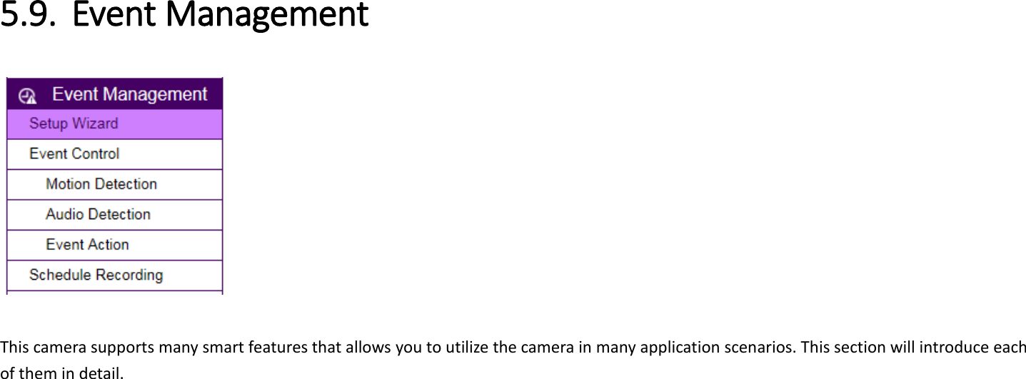 5.9. Event Management     This camera supports many smart features that allows you to utilize the camera in many application scenarios. This section will introduce each of them in detail.     