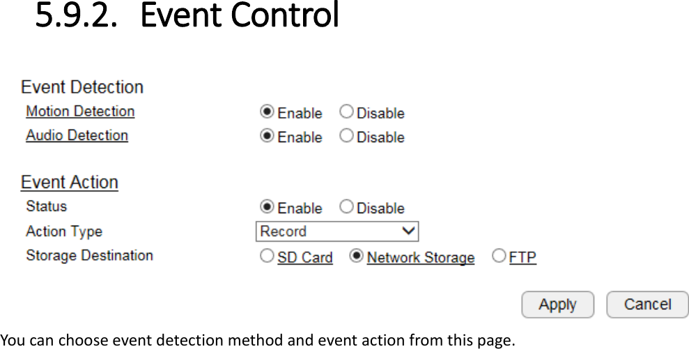 5.9.2. Event Control  You can choose event detection method and event action from this page.     