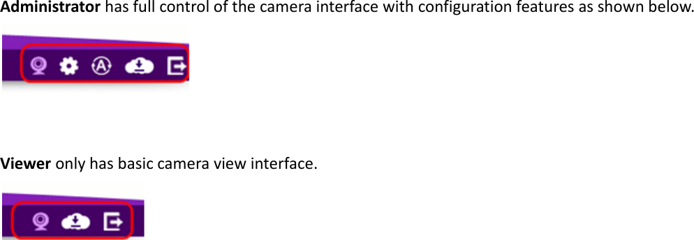  Administrator has full control of the camera interface with configuration features as shown below.    Viewer only has basic camera view interface.    