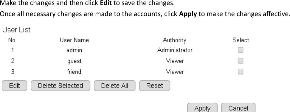  Make the changes and then click Edit to save the changes. Once all necessary changes are made to the accounts, click Apply to make the changes affective.     