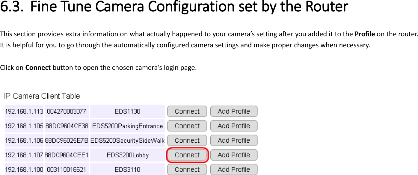 6.3. Fine Tune Camera Configuration set by the Router This section provides extra information on what actually happened to your camera’s setting after you added it to the Profile on the router.   It is helpful for you to go through the automatically configured camera settings and make proper changes when necessary.  Click on Connect button to open the chosen camera’s login page.         