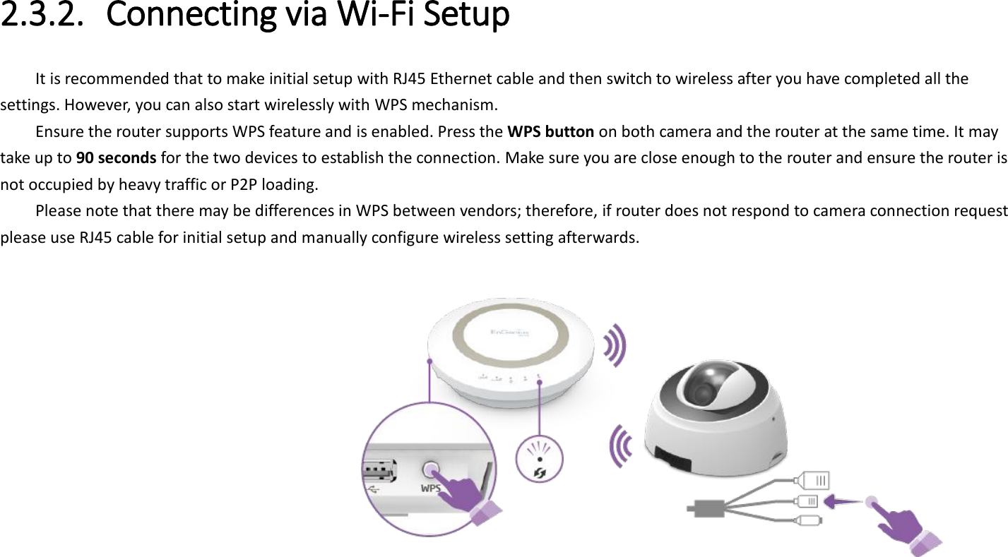 2.3.2. Connecting via Wi-Fi Setup It is recommended that to make initial setup with RJ45 Ethernet cable and then switch to wireless after you have completed all the settings. However, you can also start wirelessly with WPS mechanism. Ensure the router supports WPS feature and is enabled. Press the WPS button on both camera and the router at the same time. It may take up to 90 seconds for the two devices to establish the connection. Make sure you are close enough to the router and ensure the router is not occupied by heavy traffic or P2P loading. Please note that there may be differences in WPS between vendors; therefore, if router does not respond to camera connection request please use RJ45 cable for initial setup and manually configure wireless setting afterwards.     