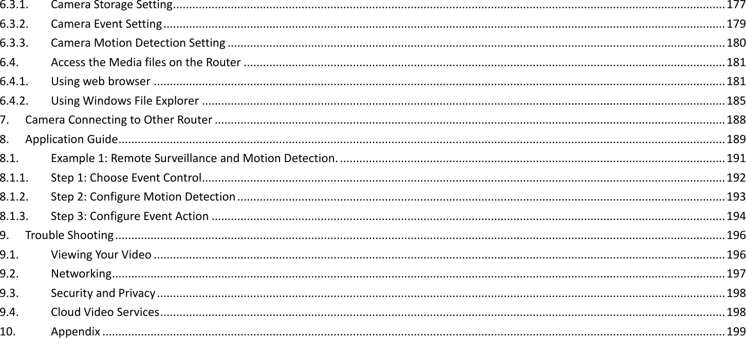 6.3.1.  Camera Storage Setting ............................................................................................................................................................................ 177 6.3.2.  Camera Event Setting ............................................................................................................................................................................... 179 6.3.3.  Camera Motion Detection Setting ........................................................................................................................................................... 180 6.4.  Access the Media files on the Router ...................................................................................................................................................... 181 6.4.1.  Using web browser .................................................................................................................................................................................. 181 6.4.2.  Using Windows File Explorer ................................................................................................................................................................... 185 7.  Camera Connecting to Other Router ............................................................................................................................................................... 188 8.  Application Guide ............................................................................................................................................................................................. 189 8.1.  Example 1: Remote Surveillance and Motion Detection. ........................................................................................................................ 191 8.1.1.  Step 1: Choose Event Control ................................................................................................................................................................... 192 8.1.2.  Step 2: Configure Motion Detection ........................................................................................................................................................ 193 8.1.3.  Step 3: Configure Event Action ................................................................................................................................................................ 194 9.  Trouble Shooting .............................................................................................................................................................................................. 196 9.1.  Viewing Your Video .................................................................................................................................................................................. 196 9.2.  Networking ............................................................................................................................................................................................... 197 9.3.  Security and Privacy ................................................................................................................................................................................. 198 9.4.  Cloud Video Services ................................................................................................................................................................................ 198 10.  Appendix .................................................................................................................................................................................................. 199   