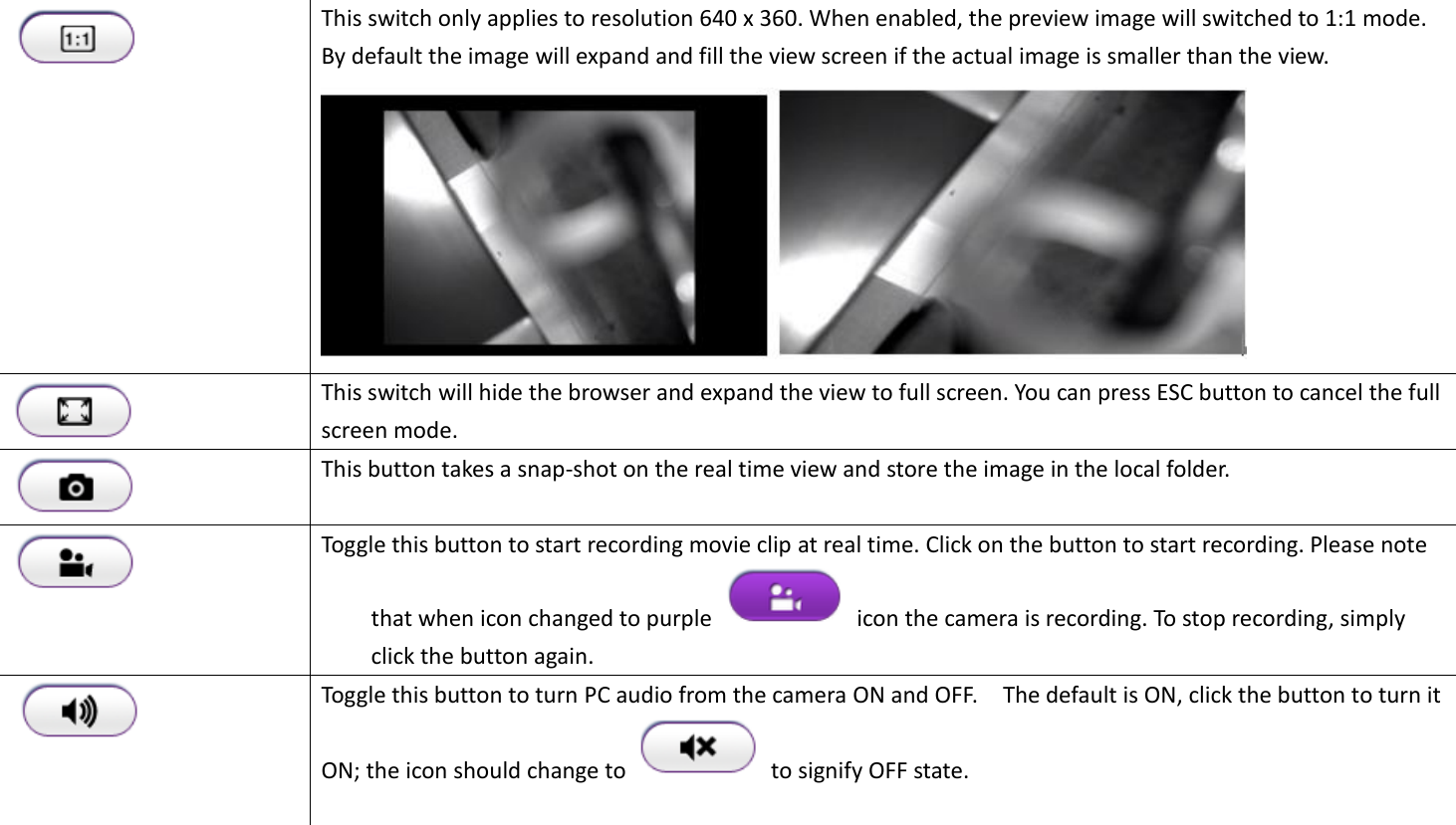  This switch only applies to resolution 640 x 360. When enabled, the preview image will switched to 1:1 mode. By default the image will expand and fill the view screen if the actual image is smaller than the view.   This switch will hide the browser and expand the view to full screen. You can press ESC button to cancel the full screen mode.  This button takes a snap-shot on the real time view and store the image in the local folder.  Toggle this button to start recording movie clip at real time. Click on the button to start recording. Please note that when icon changed to purple    icon the camera is recording. To stop recording, simply click the button again.  Toggle this button to turn PC audio from the camera ON and OFF.    The default is ON, click the button to turn it ON; the icon should change to    to signify OFF state.    