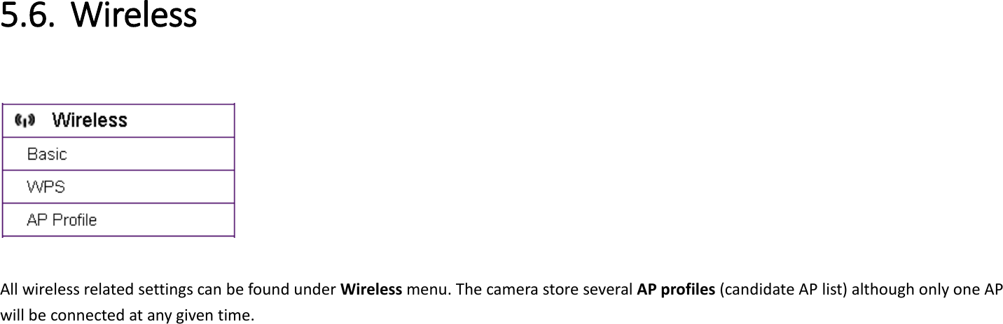 5.6. Wireless      All wireless related settings can be found under Wireless menu. The camera store several AP profiles (candidate AP list) although only one AP will be connected at any given time.       