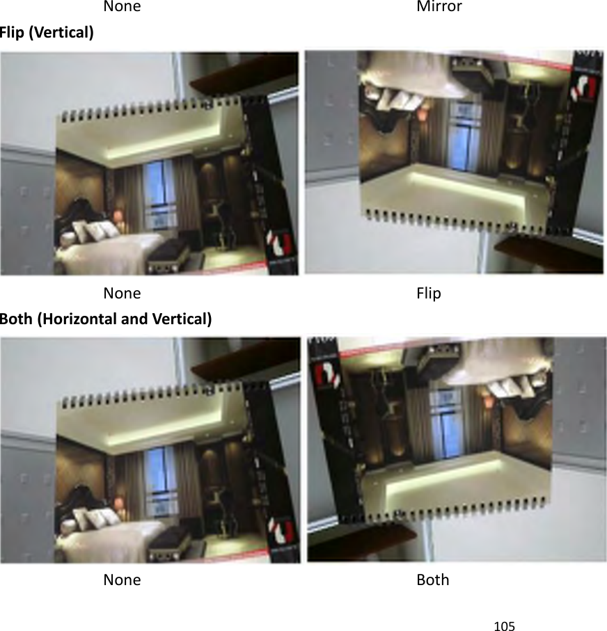 105        None                Mirror Flip (Vertical)  None                Flip Both (Horizontal and Vertical)        None                Both 