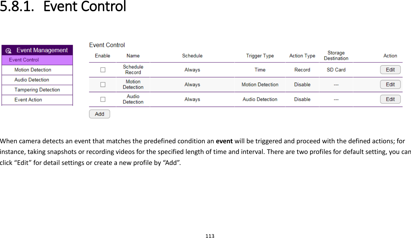 113   5.8.1. Event Control    When camera detects an event that matches the predefined condition an event will be triggered and proceed with the defined actions; for instance, taking snapshots or recording videos for the specified length of time and interval. There are two profiles for default setting, you can click “Edit” for detail settings or create a new profile by “Add”.   