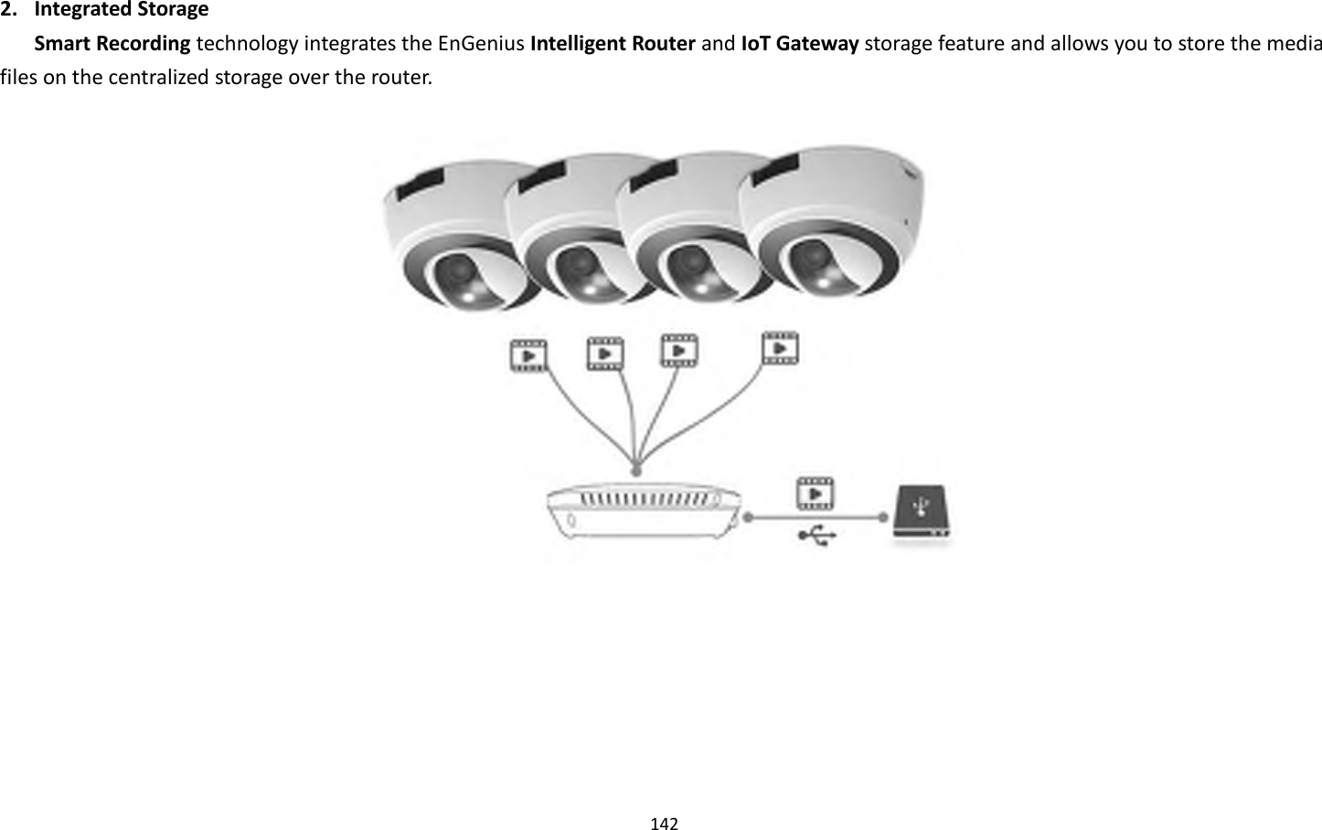 142  2. Integrated Storage   Smart Recording technology integrates the EnGenius Intelligent Router and IoT Gateway storage feature and allows you to store the media files on the centralized storage over the router.      