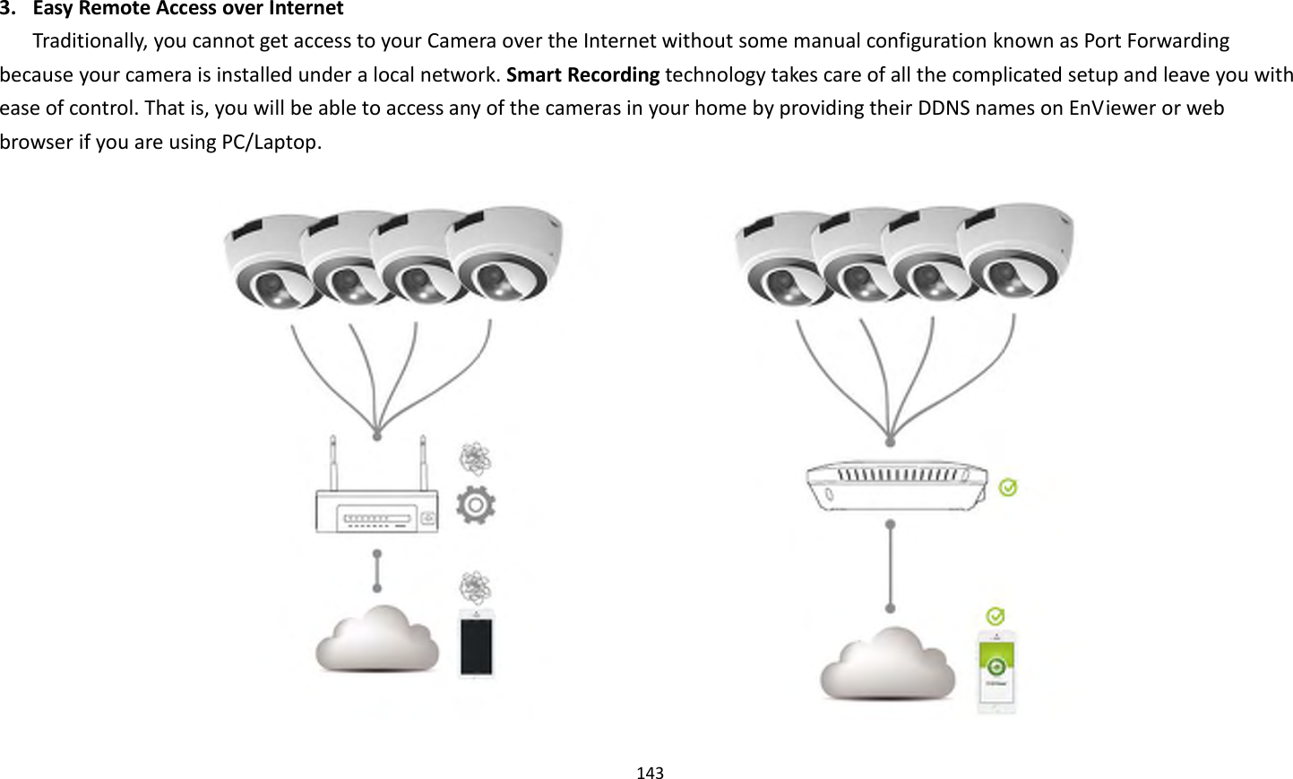 143   3. Easy Remote Access over Internet Traditionally, you cannot get access to your Camera over the Internet without some manual configuration known as Port Forwarding because your camera is installed under a local network. Smart Recording technology takes care of all the complicated setup and leave you with ease of control. That is, you will be able to access any of the cameras in your home by providing their DDNS names on EnViewer or web browser if you are using PC/Laptop.   