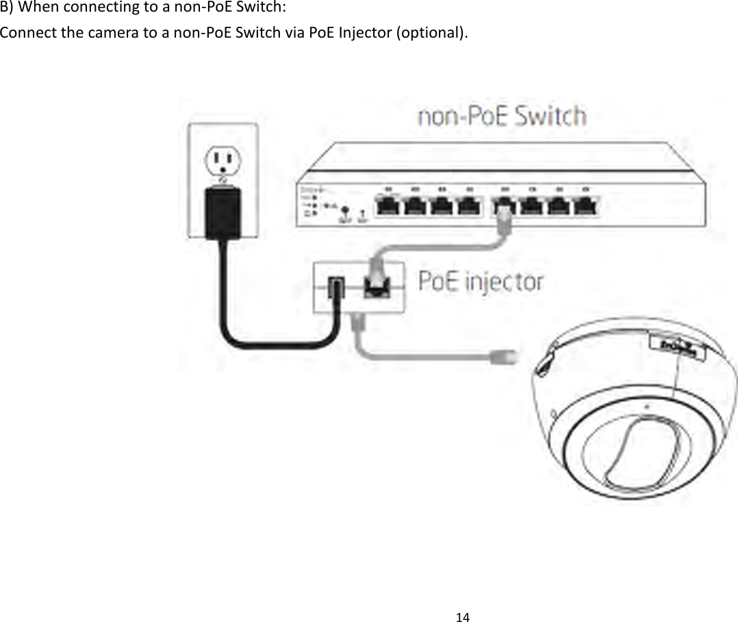 14  B) When connecting to a non-PoE Switch:   Connect the camera to a non-PoE Switch via PoE Injector (optional).     