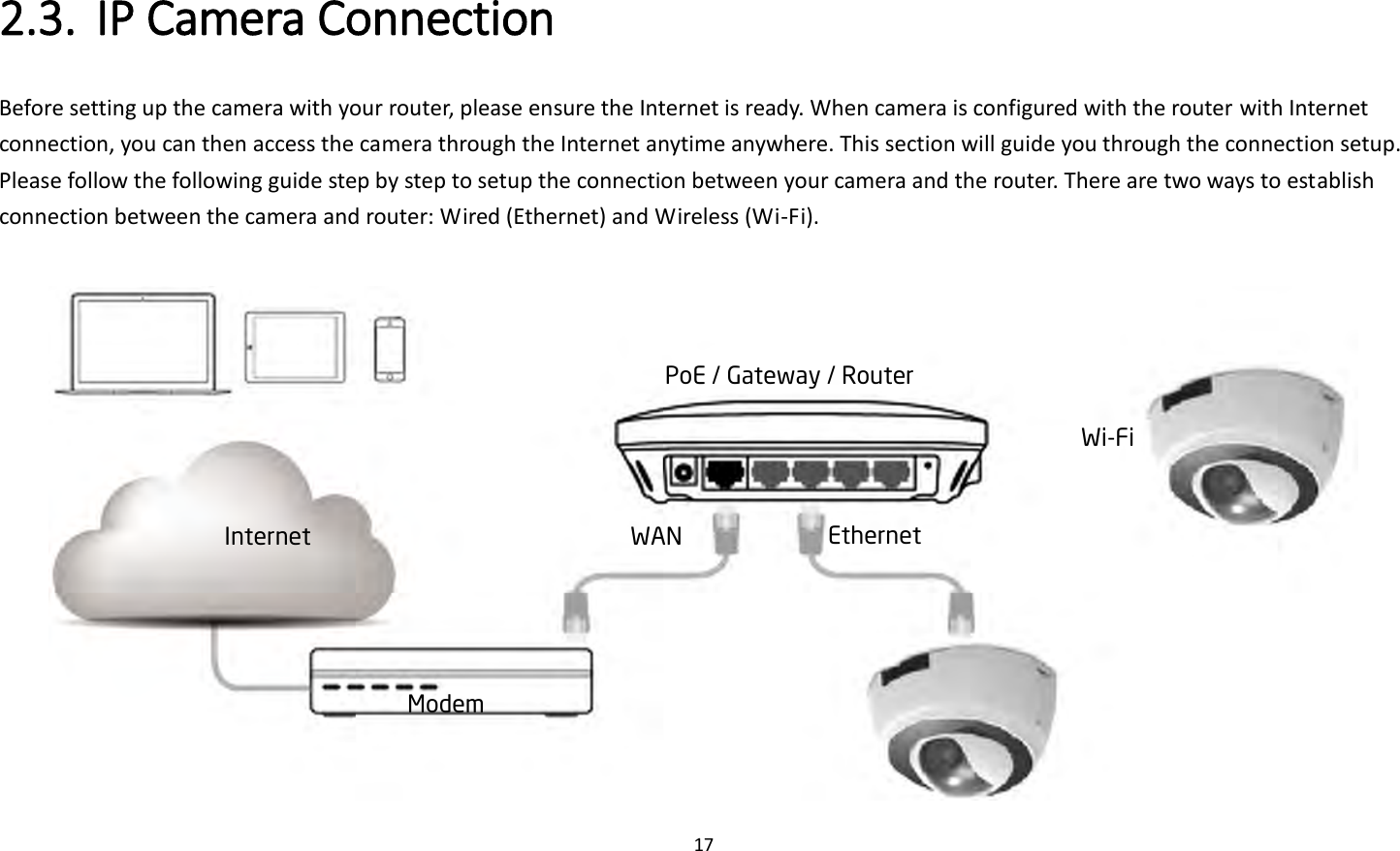 17  2.3. IP Camera Connection   Before setting up the camera with your router, please ensure the Internet is ready. When camera is configured with the router with Internet connection, you can then access the camera through the Internet anytime anywhere. This section will guide you through the connection setup. Please follow the following guide step by step to setup the connection between your camera and the router. There are two ways to establish connection between the camera and router: Wired (Ethernet) and Wireless (Wi-Fi).     PoE / Gateway / Router Modem Internet WAN Ethernet Wi-Fi 